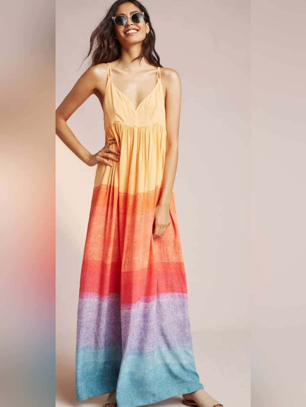 Anthropologie x Carla Weeks Setting Sun Ombré Rainbow Halter Maxi Dress XS